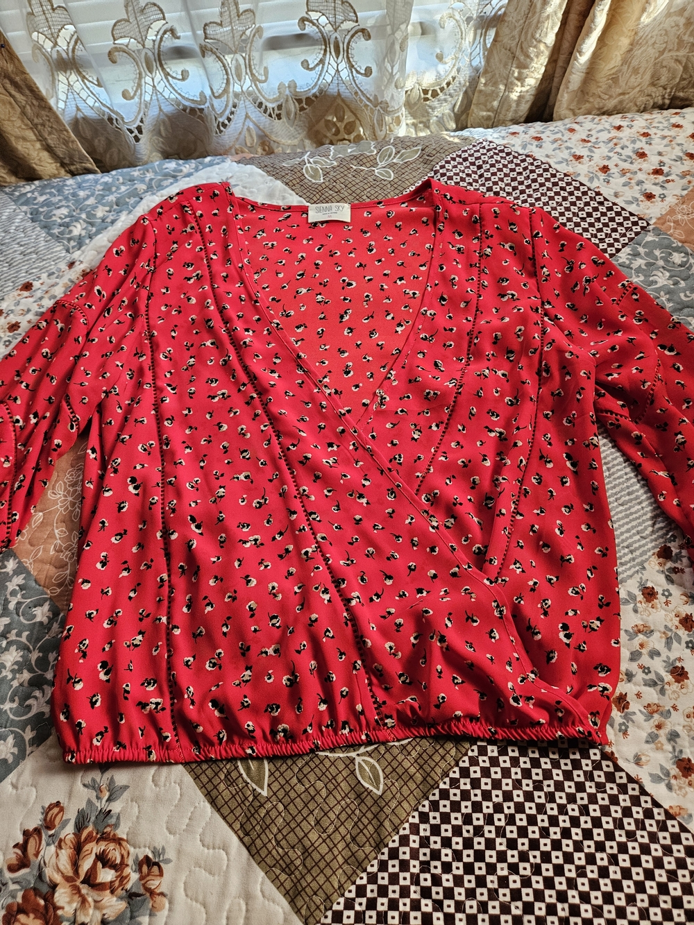 Red Floral Wrap-Style Blouse - Charming Charlie